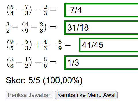 Empat soal operasi pecahan beserta hasil pemeriksaannya yang ditandai dengan warna hijau pada kolom isian untuk jawaban benar